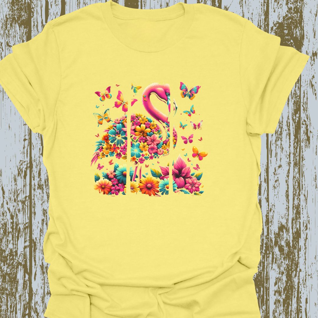 A design featuring flamingos, butterflies, and flowers in pink, yellow, and blue hues on cornsilk t-shirt.
