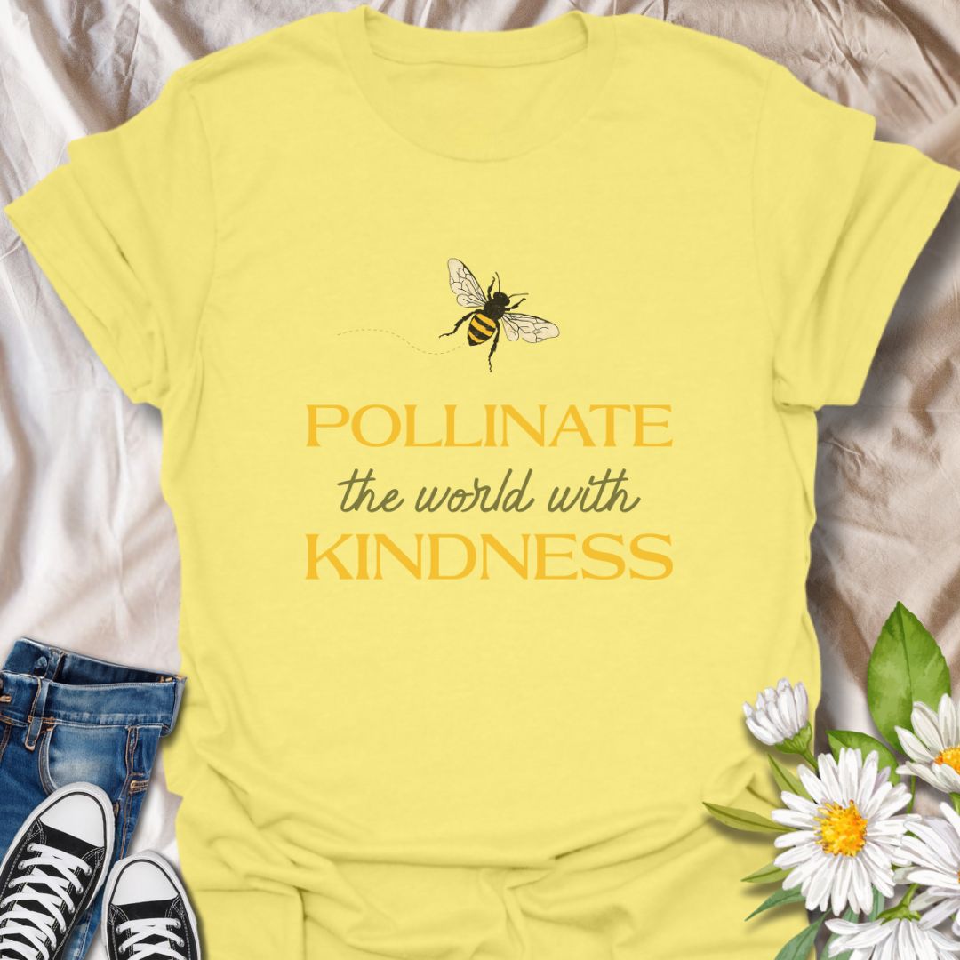 Spread positivity with this uplifting graphic t-shirt featuring a bee illustration and the inspiring phrase "Pollinate the World with Kindness." Perfect for nature lovers, pollinator supporters, and anyone who values kindness, growth, and eco-friendly living.