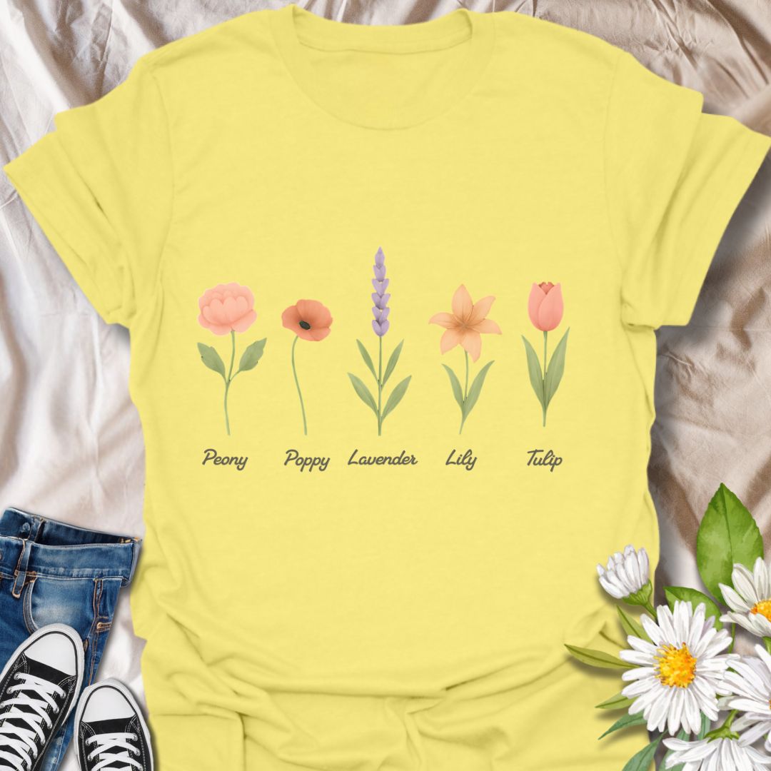 Celebrate your love for nature with this elegant floral t-shirt featuring labeled illustrations of five favorite flowers: Peony, Poppy, Lavender, Lily, and Tulip. Perfect for plant lovers, garden enthusiasts, and flower fans alike, this botanical tee adds a fresh, feminine touch to your wardrobe and makes a charming gift for gardeners and wildflower lovers.