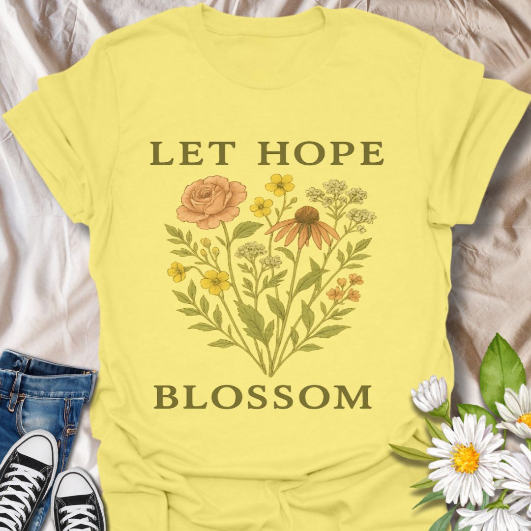 Inspire positivity with this beautifully illustrated floral graphic t-shirt featuring the uplifting phrase "Let Hope Blossom." A perfect choice for nature lovers, flower enthusiasts, and anyone who embraces optimism and growth through meaningful, botanical-themed apparel.