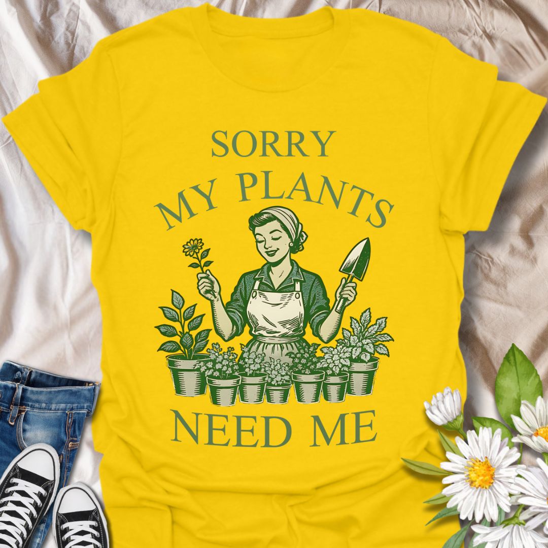 Celebrate your love for gardening with this vintage-style graphic t-shirt featuring a retro gardener surrounded by plants and the funny phrase "Sorry, My Plants Need Me." Perfect for plant parents, garden enthusiasts, and anyone proud of their green thumb.