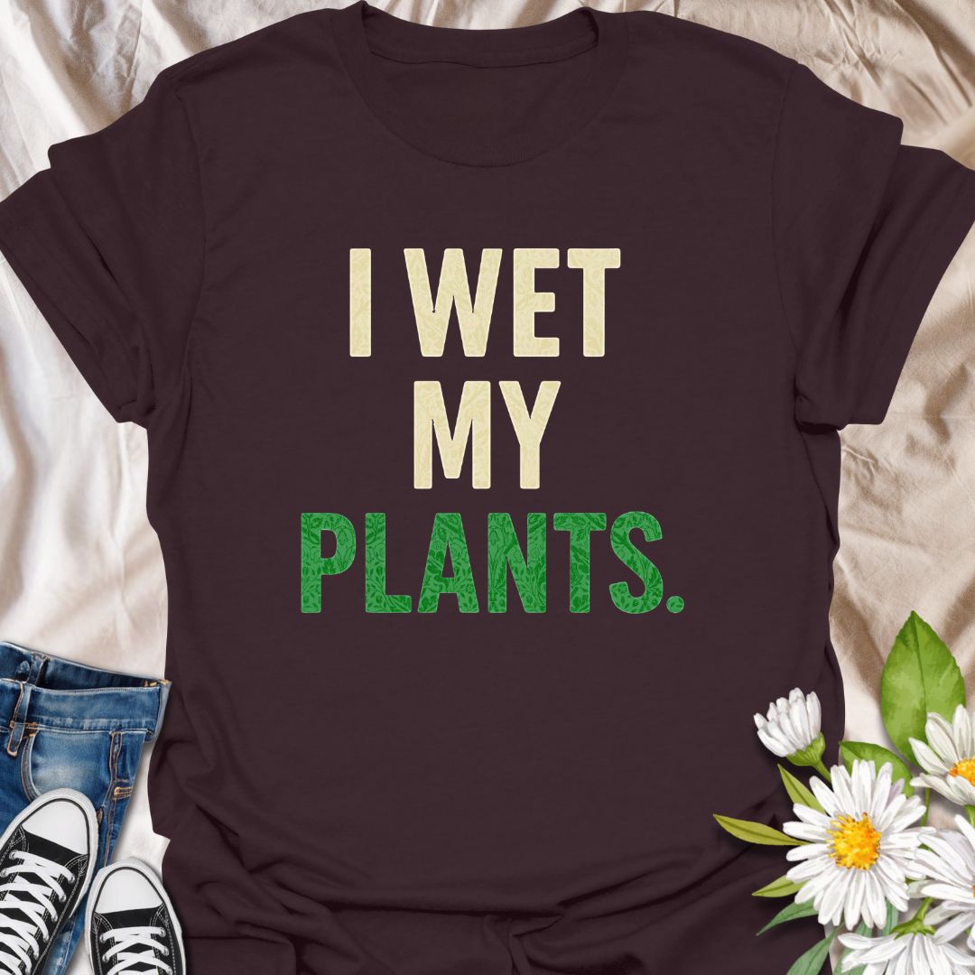 Bring humor to your plant-loving lifestyle with this funny graphic t-shirt featuring the witty phrase "I Wet My Plants." Perfect for gardeners, plant parents, and anyone who enjoys quirky botanical-themed apparel with a playful twist.