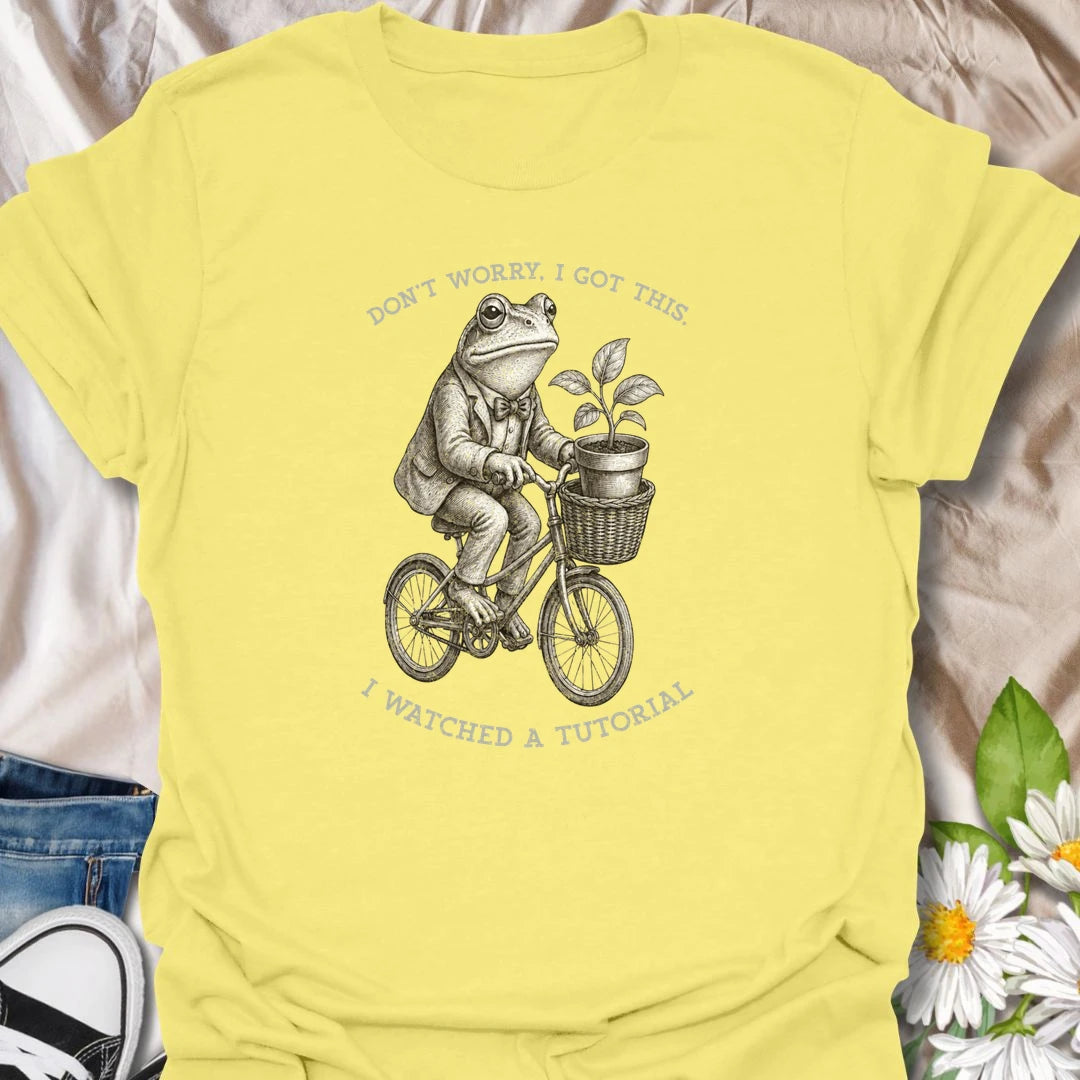 This Don’t Worry I Got This I Watched A Tutorial t-shirt is perfect for gardeners, plant lovers, and DIY plant people who are confidently figuring it out as they go. Featuring a vintage-style frog riding a bicycle with a potted plant in the basket, this funny botanical design is great for plant moms, plant dads, houseplant collectors, beginner gardeners, frog lovers, and anyone who thinks one tutorial is enough to become an expert.