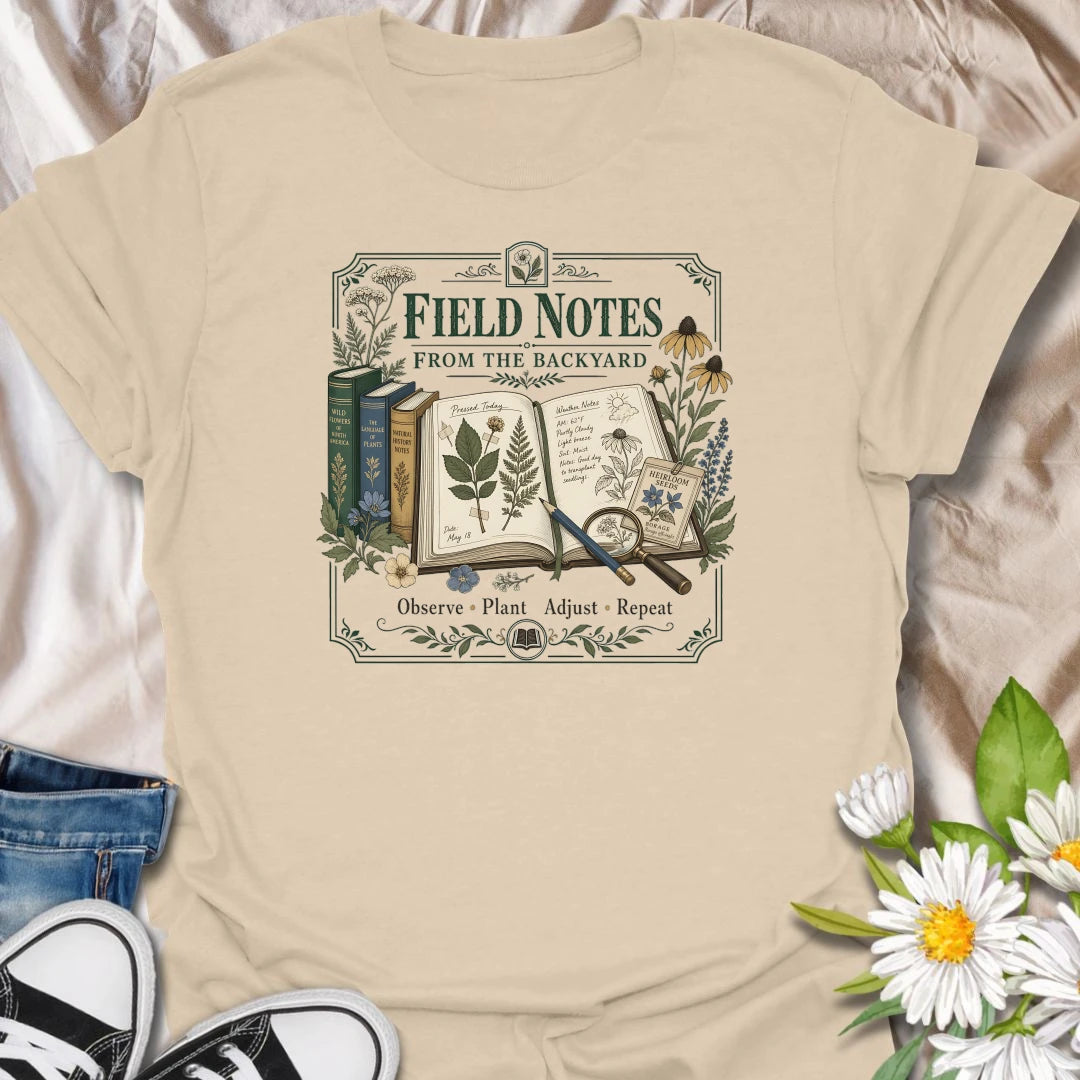 Backyard field notes t-shirt for gardeners, plant observers, wildflower lovers, and anyone who enjoys journaling the small details of garden life.