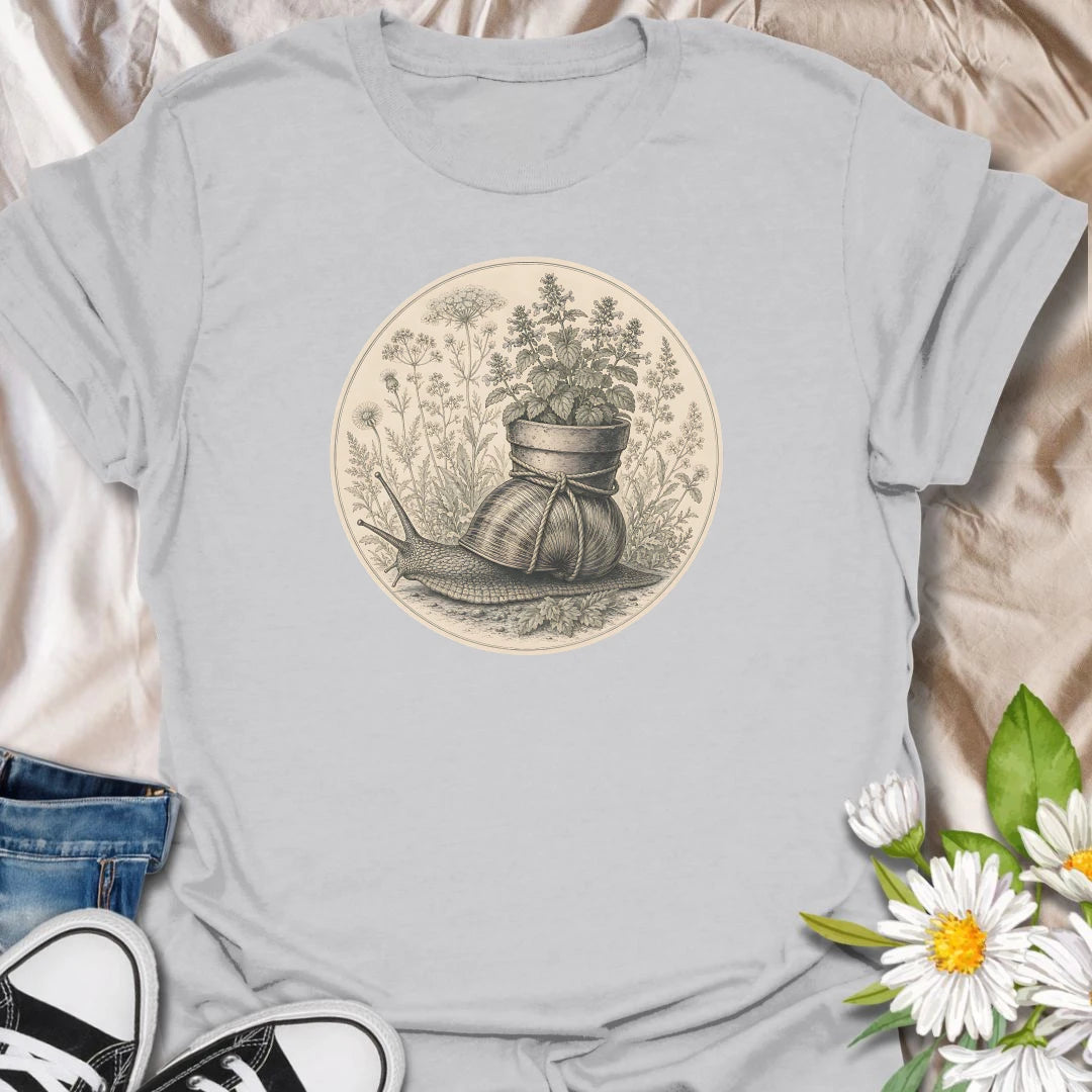 This Garden Snail With Potted Plant t-shirt is made for gardeners, plant lovers, and nature fans who enjoy soft vintage-style botanical artwork. Featuring a detailed garden snail carrying a potted plant on its shell, surrounded by wild herbs, flowers, and naturalist illustration details, this design has a gentle cottagecore feel with classic garden charm. Perfect for gardeners, snail lovers, plant moms, flower fans, botanical art lovers, and anyone who enjoys whimsical nature-inspired designs.