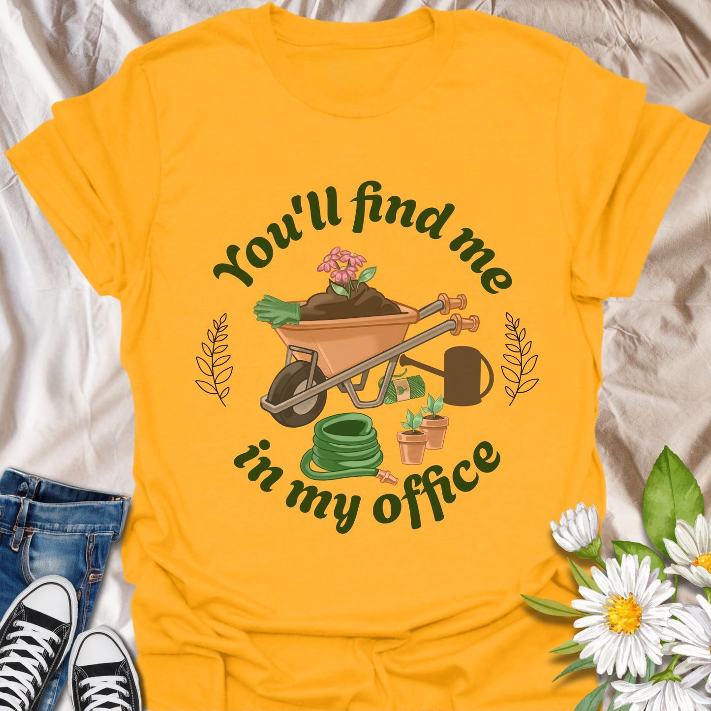Show the world where you really get your work done—with dirt on your hands and plants in bloom! This playful “You'll Find Me in My Office” tee is perfect for gardeners who call the outdoors their cubicle.