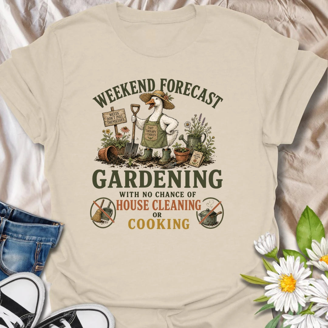 Funny gardening t-shirt for anyone who would rather be in the garden than cleaning or cooking.
Features a bold “weekend forecast” design with playful no-cleaning and no-cooking icons.
Perfect for gardeners, plant lovers, and anyone whose weekend priorities are dirt, plants, and peace.