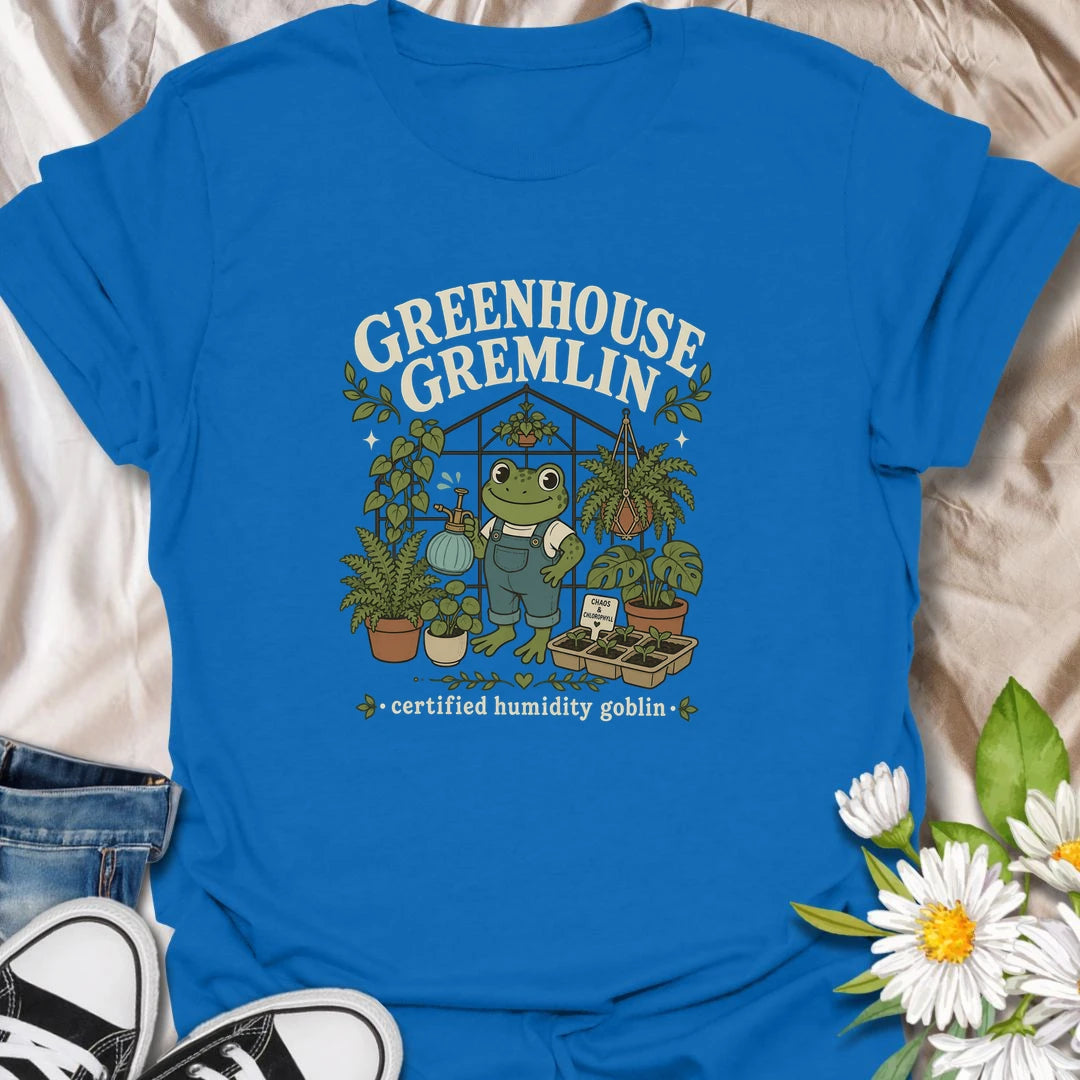 Funny frog greenhouse t-shirt for plant lovers with a chaotic but lovable garden personality.
Features a cheerful frog in overalls surrounded by lush plants and greenhouse vibes.
Perfect for frog lovers, greenhouse fans, houseplant collectors, and anyone who embraces chlorophyll-fueled chaos.