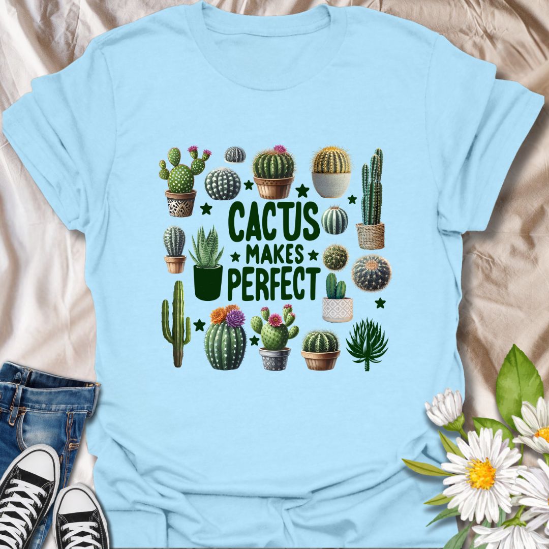 Fun cactus-themed t-shirt with colorful potted succulents and the playful phrase “Cactus Makes Perfect.” Ideal for plant parents, desert garden fans, and lovers of greenery with a sense of humor. Great gift for cactus collectors and gardeners.