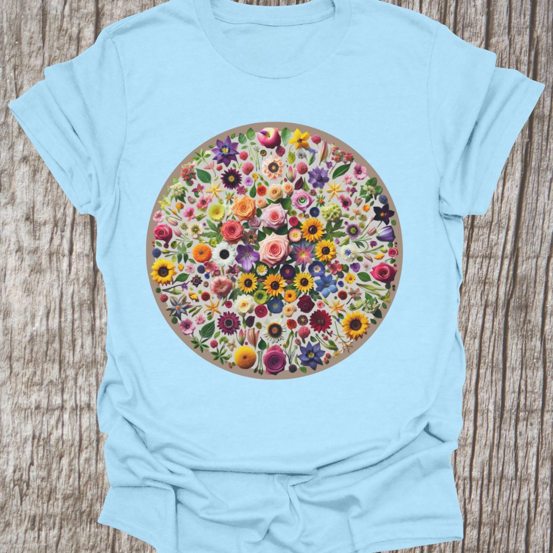 Circle of flowers t-shirt on a light blue background with multi-colored flowers.