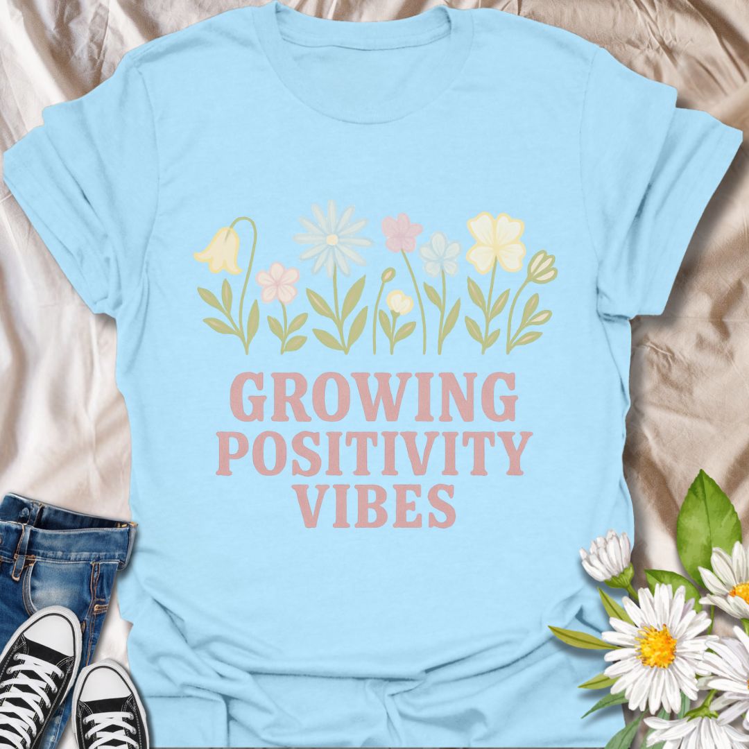 Radiate good energy with this “Growing Positivity Vibes” t-shirt featuring pastel wildflowers on a l;ght blue tee. A perfect uplifting gift for plant lovers, garden enthusiasts, and anyone who embraces a cheerful, kind-hearted lifestyle.