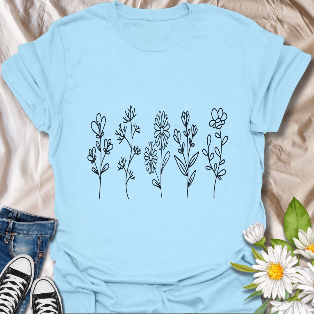 Simple wildflower line art t-shirt with delicate hand-drawn floral stems. Perfect for plant lovers, nature enthusiasts, gardeners, and fans of minimalist botanical design. A subtle, modern floral tee ideal for everyday wear and gifting.