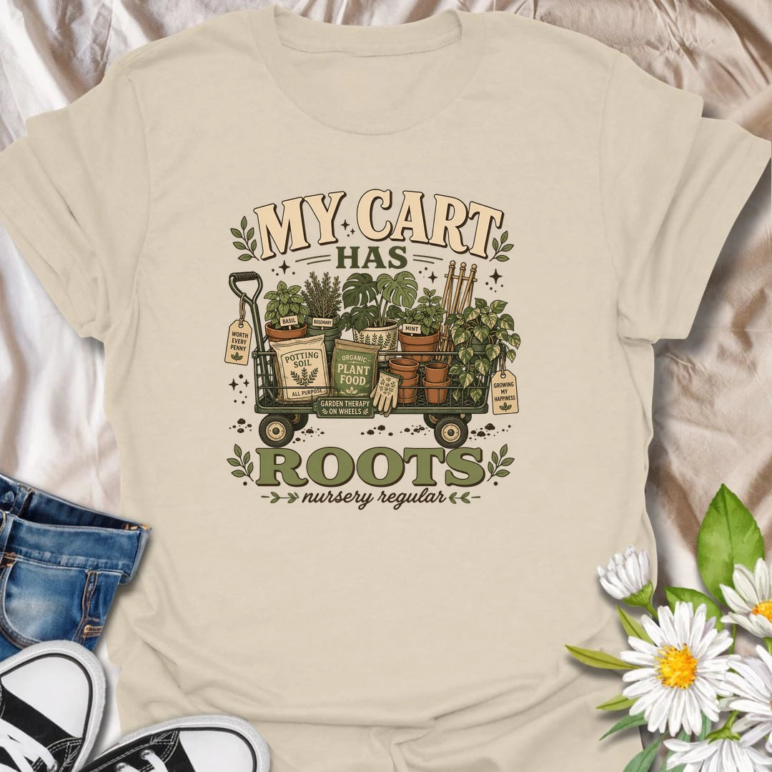 A funny plant shopping T-shirt for anyone who fills a cart with plants, pots, soil, and gardening supplies. The vintage-style design features a wagon overflowing with herbs, houseplants, terracotta pots, and plant food. A perfect gift for nursery regulars, gardeners, and devoted plant shoppers.