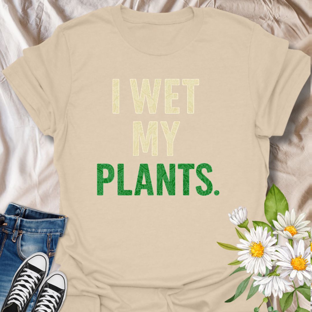 Bring humor to your plant-loving lifestyle with this funny graphic t-shirt featuring the witty phrase "I Wet My Plants." Perfect for gardeners, plant parents, and anyone who enjoys quirky botanical-themed apparel with a playful twist.