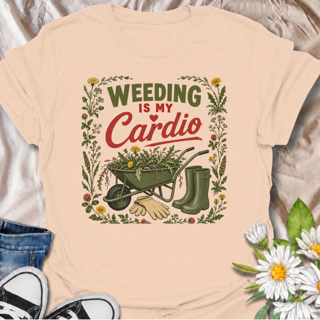 Trade the treadmill for the flower beds with this “Weeding Is My Cardio” T-shirt. Featuring a wheelbarrow full of weeds, gardening gloves, and muddy green boots, it is made for gardeners who get their exercise outdoors. A fun gift for vegetable growers, flower gardeners, and backyard garden enthusiasts.