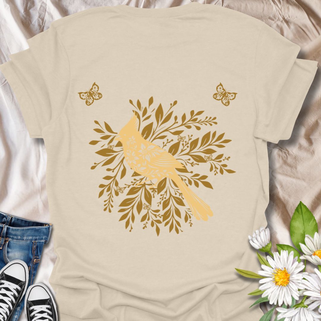 Charming bird and foliage t-shirt featuring a golden bird perched among stencil design botanical leaves. Perfect for bird lovers, nature fans, and botanical art enthusiasts. Natural