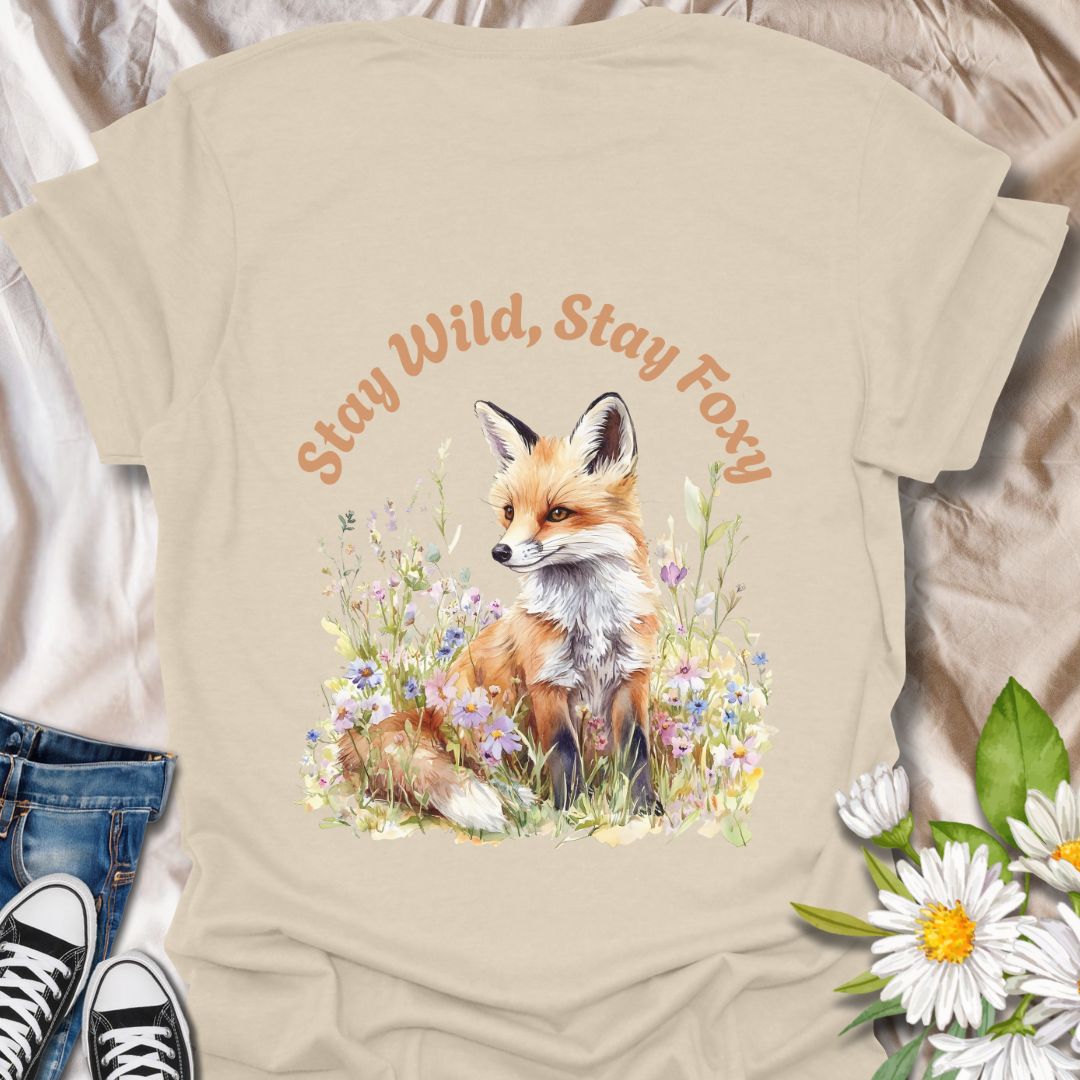 Charming t-shirt featuring a fox sitting among wildflowers with “Stay Wild, Stay Foxy” quote. Perfect gift for animal lovers, nature enthusiasts, and wildlife fans who adore foxes, woodland creatures, floral art, and playful outdoor vibes.