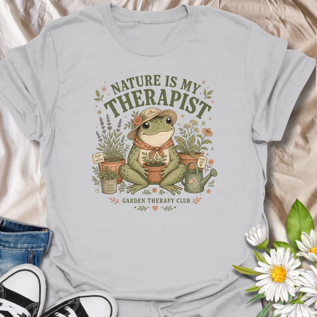 Nature Is My Therapist t-shirt for gardeners, plant lovers, and outdoor souls who feel happiest surrounded by flowers, herbs, plants, and fresh air.