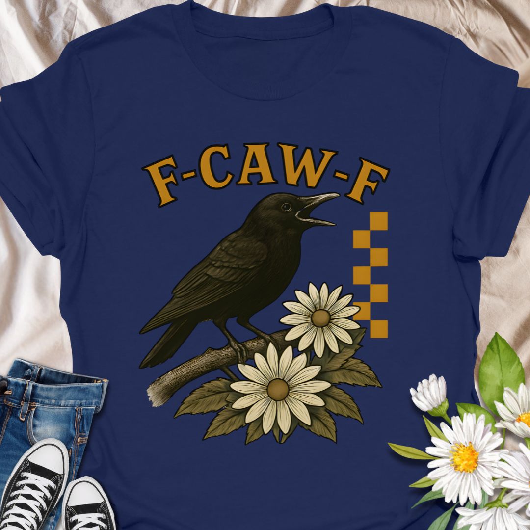 crow and flower shirt, funny floral t-shirt, f-caw-f design, edgy cottagecore tee, nature humor shirt, floral crow graphic tee, wildflower shirt, alternative flower apparel, garden goth aesthetic, funny bird lover shirt, cottagecore humor, quirky floral design, garden-inspired fashion