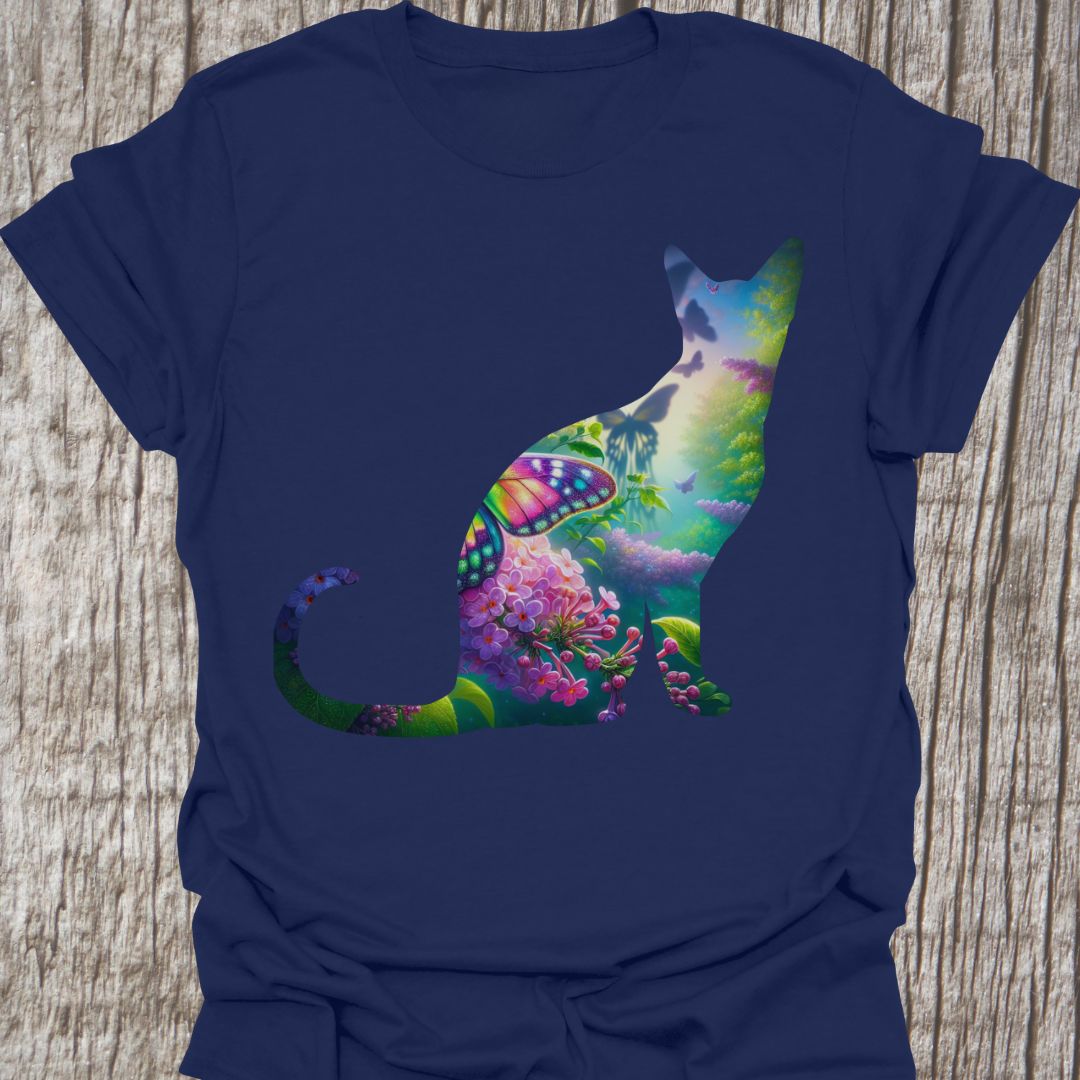 Mystical Cat design with flowers, water, trees and butterflies in cat silhouette, on a navy blue t-shirt