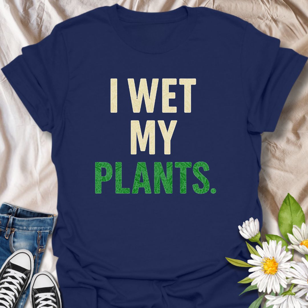 Bring humor to your plant-loving lifestyle with this funny graphic t-shirt featuring the witty phrase "I Wet My Plants." Perfect for gardeners, plant parents, and anyone who enjoys quirky botanical-themed apparel with a playful twist.
