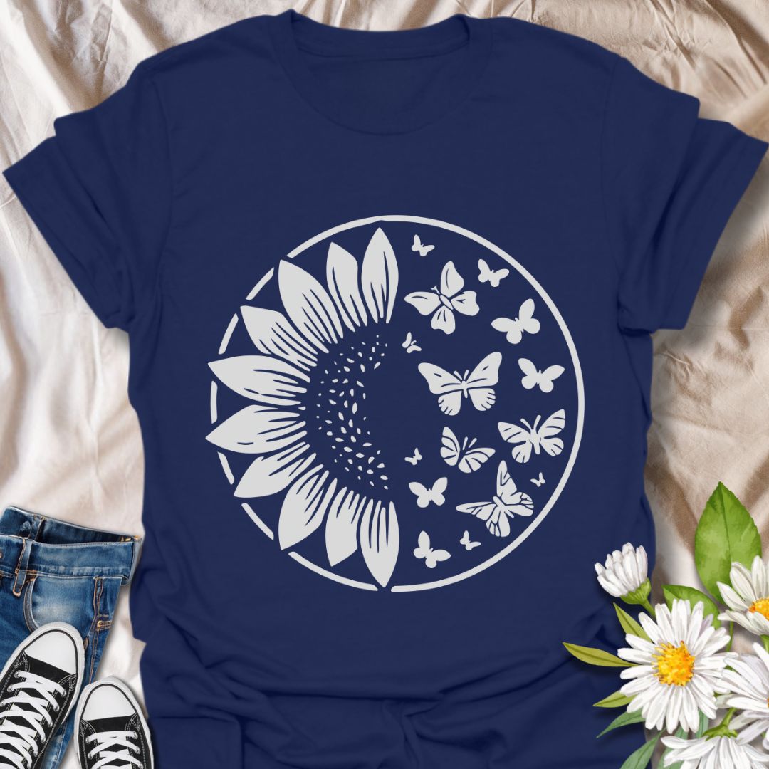 Stylish sunflower and butterflies circle t-shirt featuring bold white line art. Perfect for nature lovers, garden enthusiasts, and floral fashion fans. A botanical tee celebrating growth, beauty, and transformation with a modern minimalist twist.