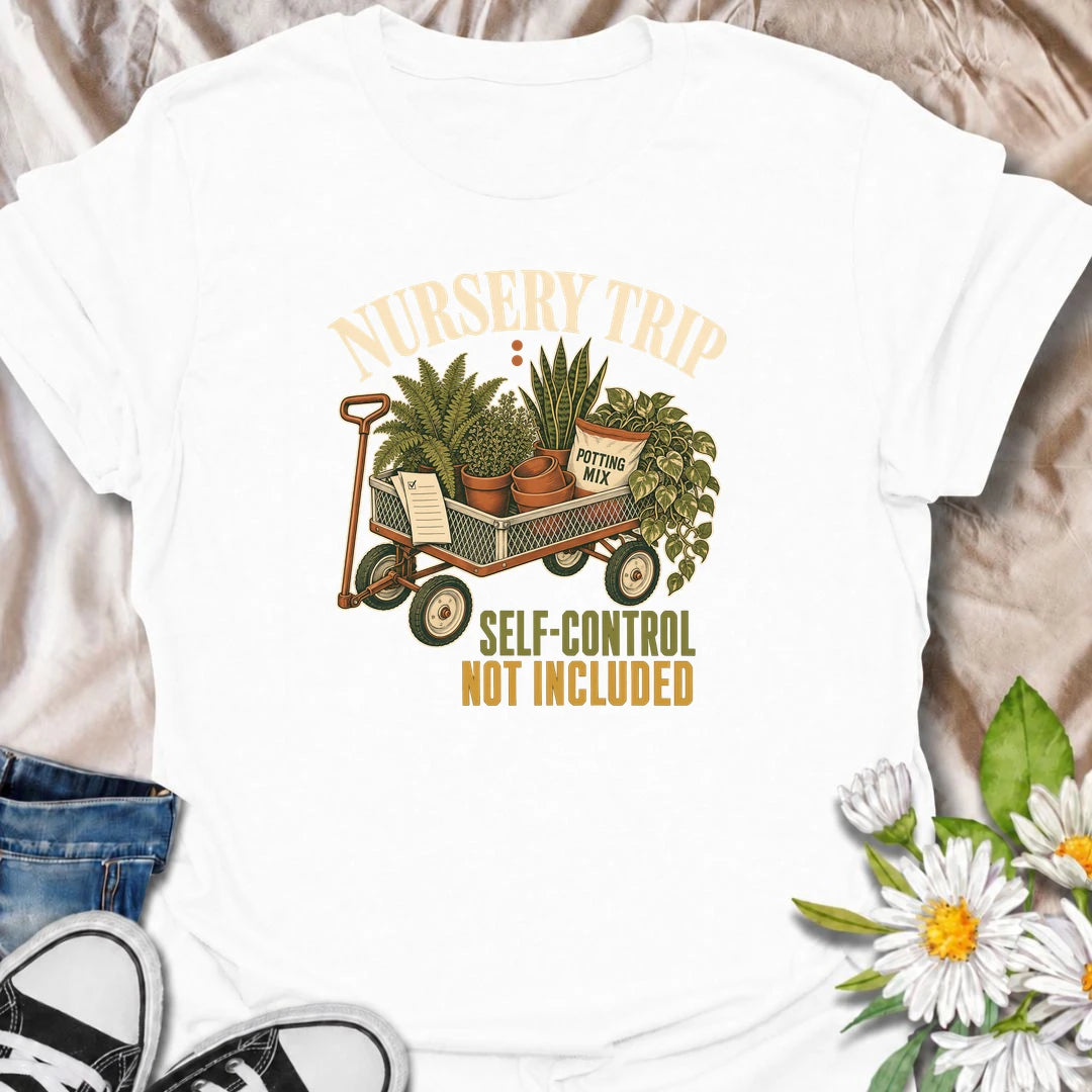 Funny plant shopping T-shirt for anyone who visits the nursery with good intentions and leaves with a wagon full of plants, pots and supplies. The vintage “Nursery Trip: Self-Control Not Included” design is perfect for houseplant collectors and gardeners who can never resist another plant.
