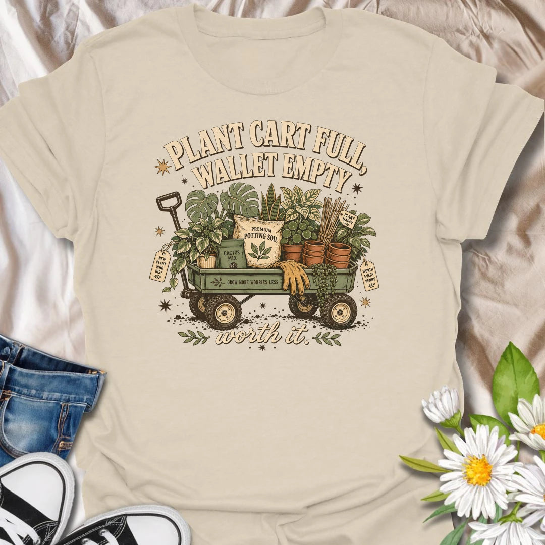 Tell the truth about plant shopping with this “Plant Cart Full, Wallet Empty” T-shirt. Featuring a wagon overflowing with houseplants, soil, pots, gloves, and garden supplies, it perfectly captures the cost of botanical happiness. A funny gift for enthusiastic plant collectors and nursery regulars.