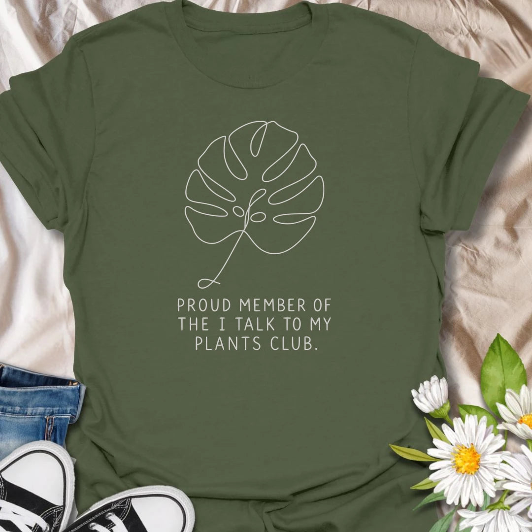This Proud Member Of The I Talk To My Plants Club t-shirt is perfect for plant lovers who know houseplants are basically friends. Featuring a simple monstera leaf line-art design with clean minimalist text, this botanical tee is great for plant moms, plant dads, indoor gardeners, houseplant collectors, and anyone who happily chats to their plants.