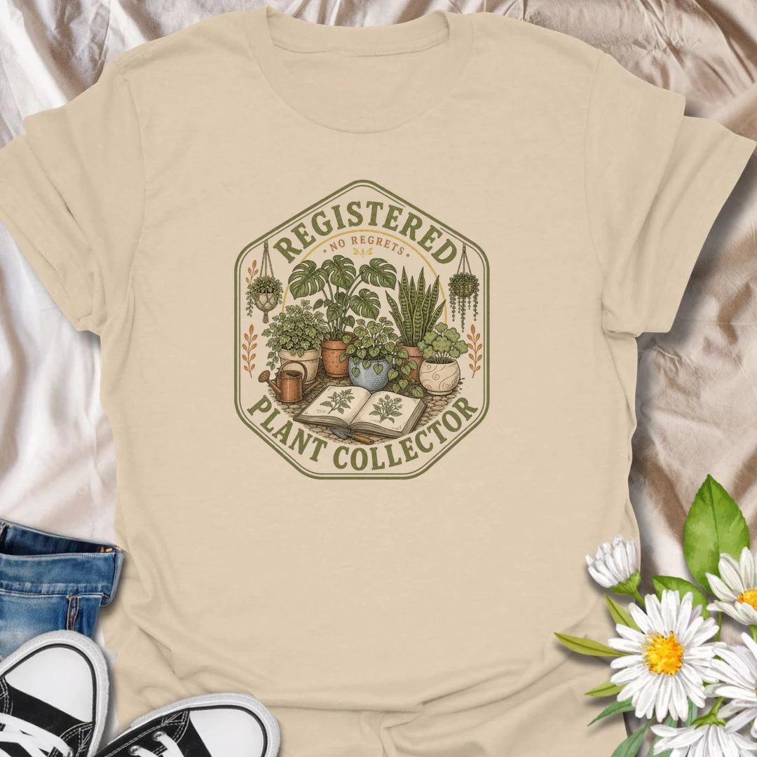 Plant collector t-shirt with a vintage botanical badge design, perfect for houseplant lovers, plant parents, and anyone with a growing indoor jungle.