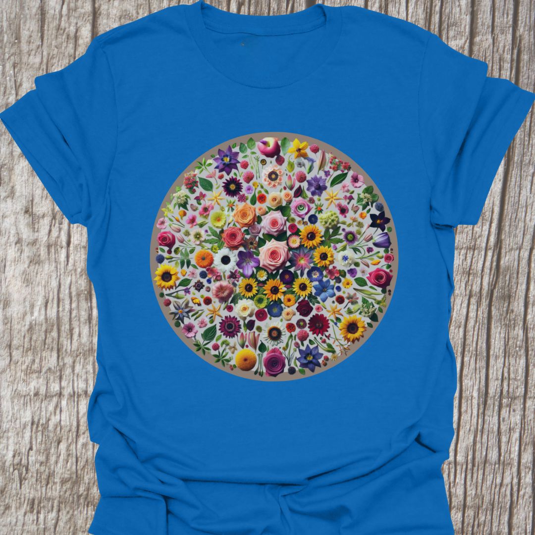Circle of flowers t-shirt on a royal blue background with multi-colored flowers.