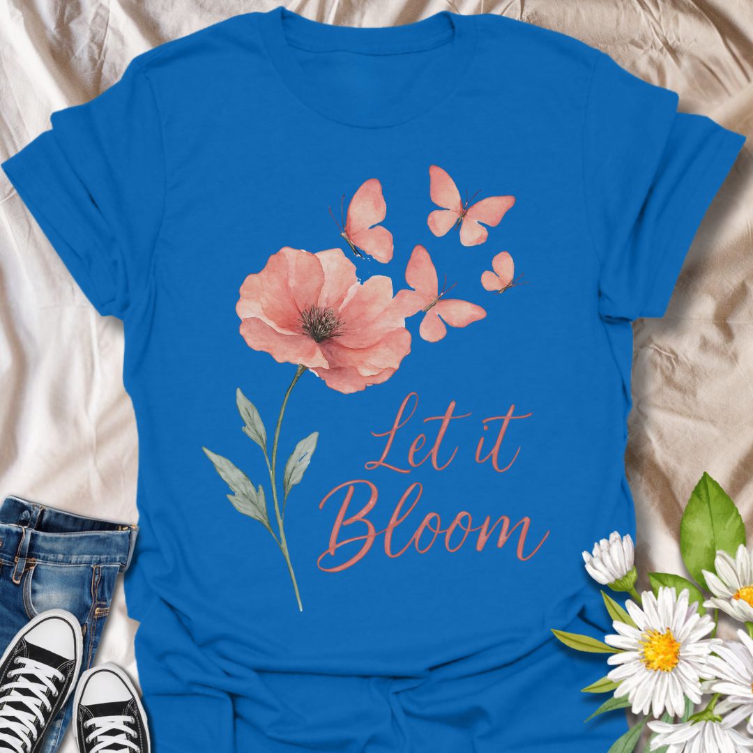 Delicate watercolor-style coral poppy with butterflies and elegant “Let It Bloom” quote. A soft, floral design celebrating growth, transformation, and positivity—perfect for garden lovers, free spirits, and those embracing inner peace and change.