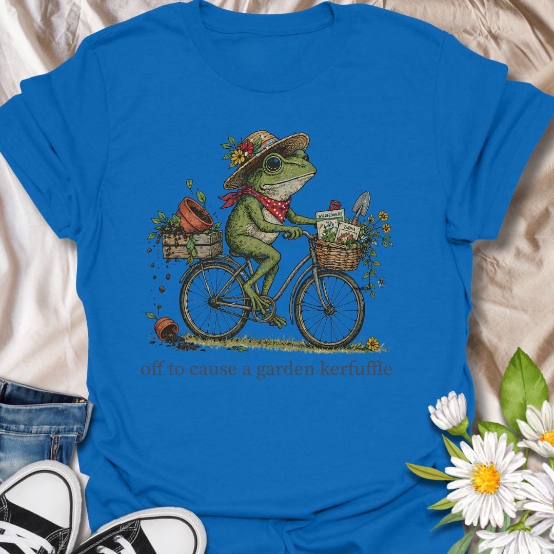 Off to Cause a Garden Kerfuffle Funny Frog Gardening T-Shirt