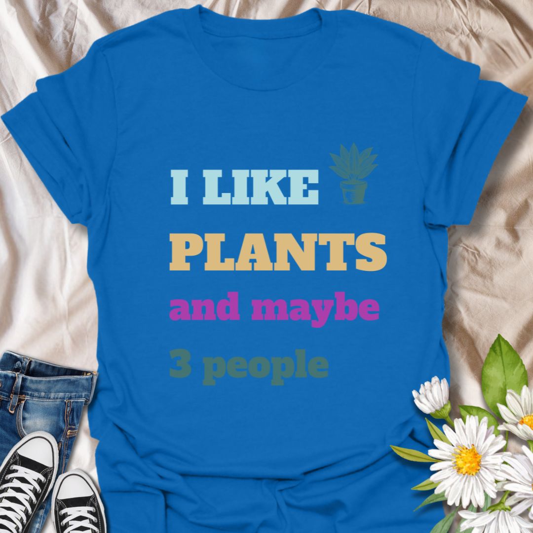 Playful "I Like Plants and Maybe 3 People" t-shirt with colorful text on royal blue. A perfect gift for introverted plant lovers, succulent collectors, houseplant enthusiasts, and anyone who values their greenery more than social interaction. Ideal for casual wear, plant swaps, or garden meetups.