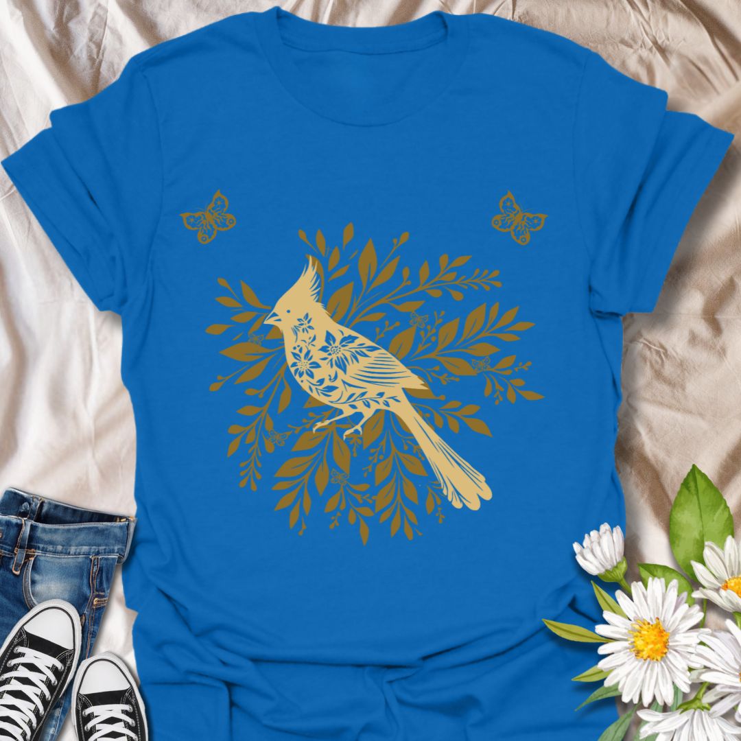 Charming bird and foliage t-shirt featuring a golden bird perched among stencil design botanical leaves. Perfect for bird lovers, nature fans, and botanical art enthusiasts. Royal blue