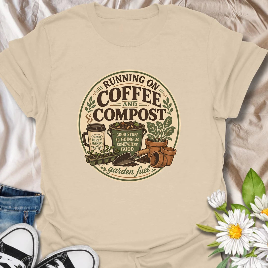 Funny gardening t-shirt for anyone fueled by coffee, compost, and time in the garden.
Features a travel mug, compost bucket, seed tray, and garden tools in a clean vintage layout.
Great for gardeners, compost lovers, homesteaders, and plant lovers who run on garden fuel.