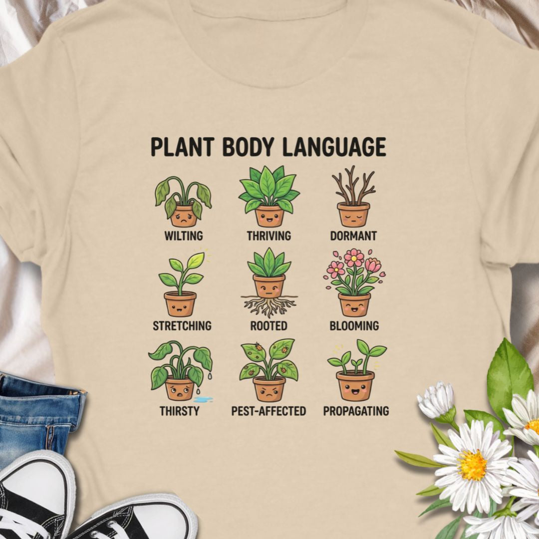 This funny "Plant Body Language" t-shirt helps every plant parent decode their houseplant's signals – from thriving to thirsty and everything in between. A perfect mix of humor and plant care awareness, it's an ideal gift for gardeners, green thumbs, and houseplant lovers.