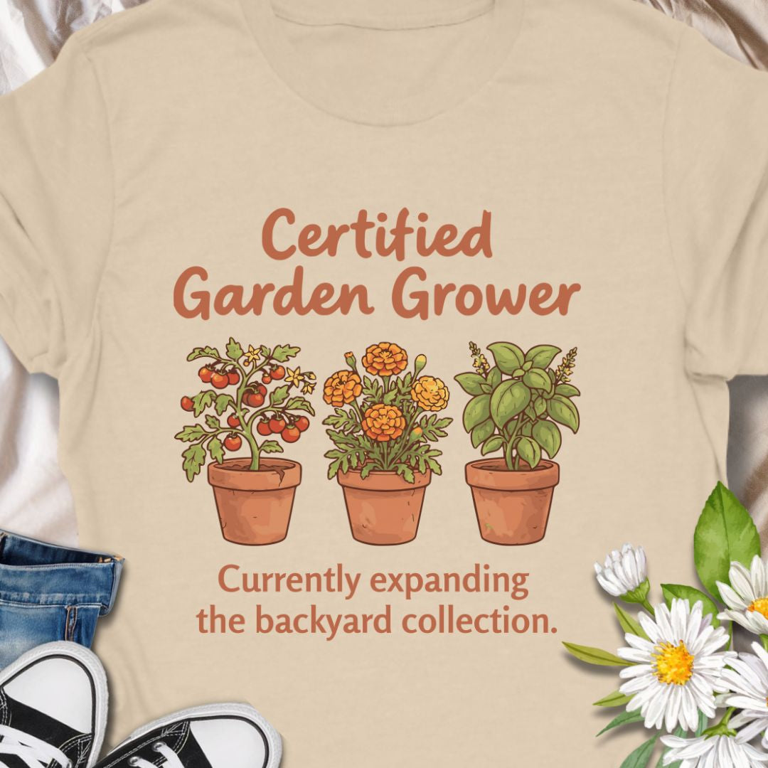 Show off your green thumb with this charming “Certified Garden Grower” t-shirt featuring potted veggies, herbs, and flowers. Perfect for proud backyard gardeners, homesteaders, or anyone always expanding their plant collection. A great gift for plant lovers and veggie growers!