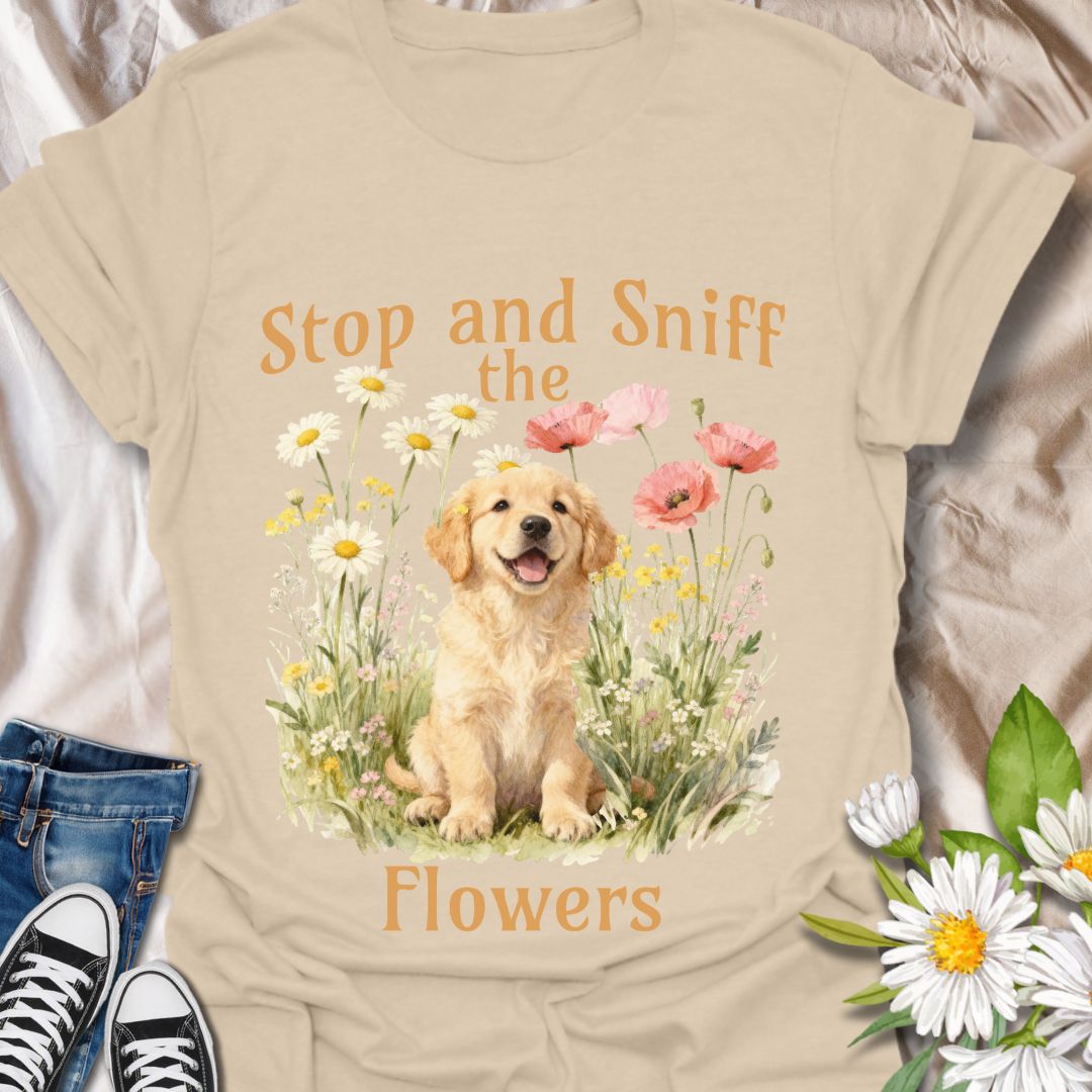 This adorable t-shirt combines floral charm with a happy pup and a gentle reminder to slow down and enjoy the little things. A fun design for dog lovers and garden enthusiasts alike.