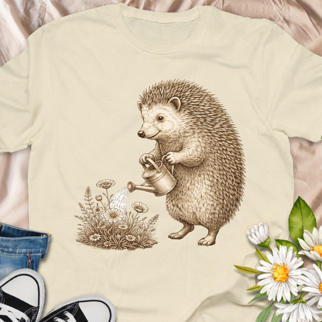 Charming hedgehog gardener t-shirt featuring a vintage botanical illustration of a hedgehog watering wildflowers. Perfect gift for gardeners, nature lovers and cottagecore fans.