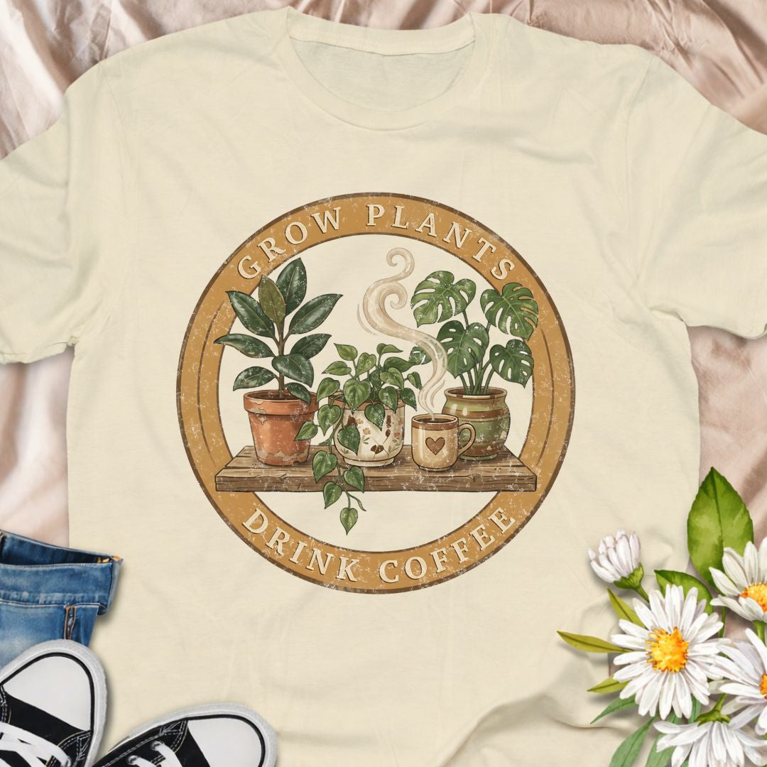Celebrate slow mornings in the garden with this cozy “Grow Plants, Drink Coffee” t-shirt, featuring a vintage-style badge with houseplants and steaming coffee mugs. Perfect for plant moms, plant dads and caffeine-fueled gardeners, this soft graphic tee makes a thoughtful gift for houseplant lovers, coffee addicts and anyone who finds peace in watering plants with a mug in hand.