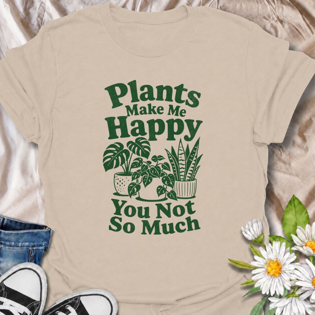 A funny plant T-shirt for anyone who would happily choose houseplants over people. The phrase “Plants Make Me Happy. You Not So Much.” delivers dry, slightly sarcastic humor that plant lovers and indoor gardeners will instantly understand. Featuring simple potted houseplants and bold retro typography, the design stays clean, readable, and easy to wear. It makes a great gift for plant parents, houseplant collectors, and anyone with a growing indoor jungle and a low tolerance for nonsense. Ideal for nursery t
