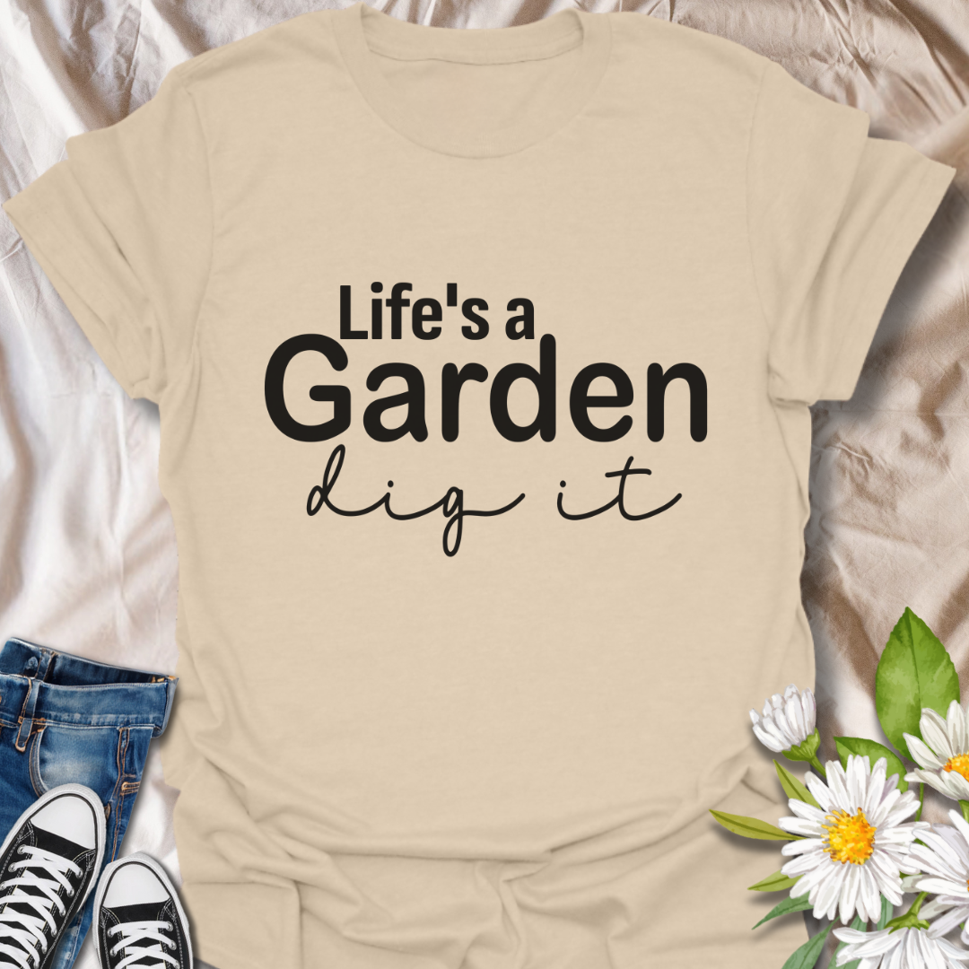 Brighten up your wardrobe and your day with this “Life's a Garden, Dig It” t-shirt — perfect for plant lovers, gardeners, and anyone with a positive outlook on life. Featuring a fun gardening pun in bold typography, this tee is a must-have for outdoor enthusiasts and green thumbs alike.