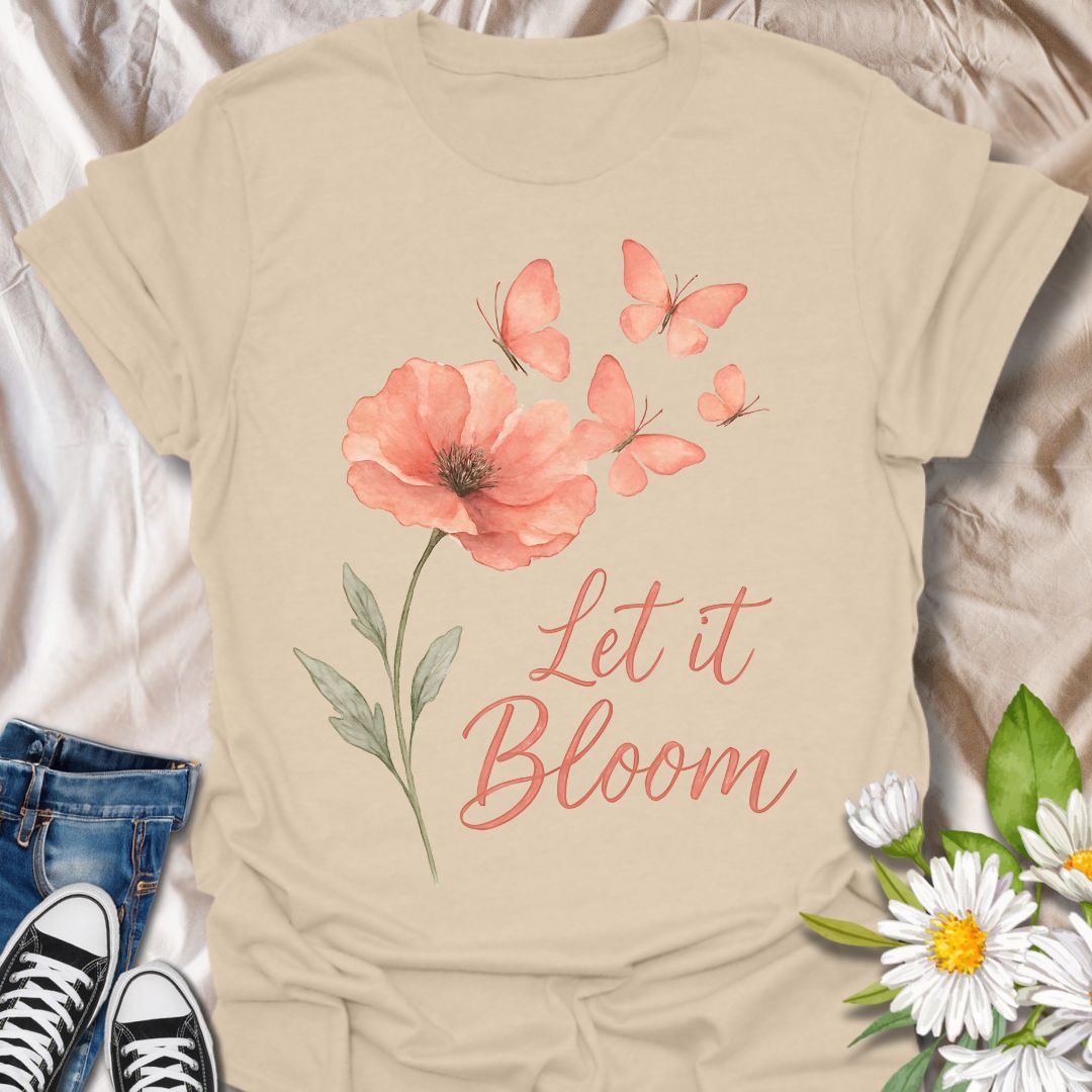 Delicate watercolor-style coral poppy with butterflies and elegant “Let It Bloom” quote. A soft, floral design celebrating growth, transformation, and positivity—perfect for garden lovers, free spirits, and those embracing inner peace and change.