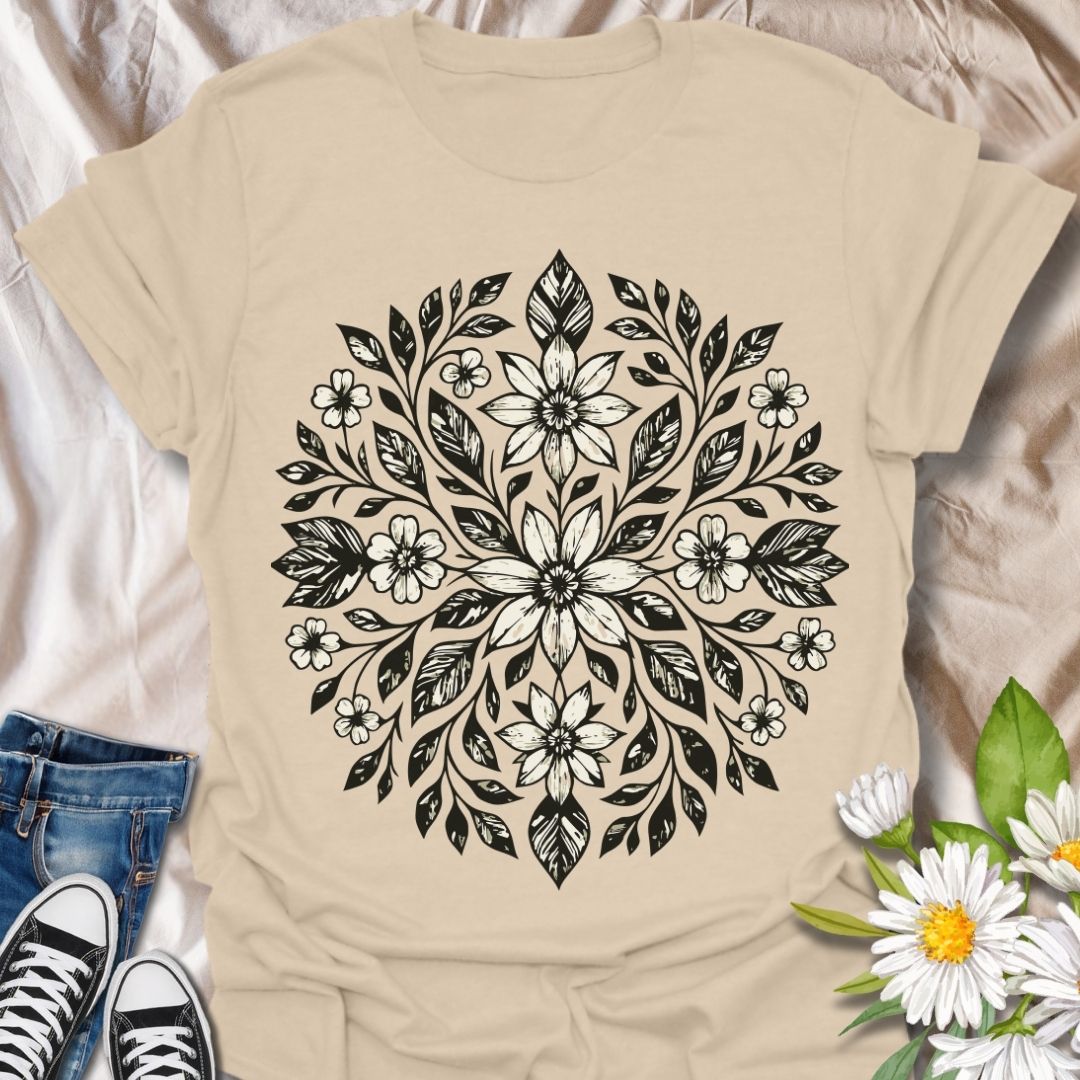 Elegant floral mandala t-shirt featuring intricate white line art flowers and leaves on a navy background. A beautifully detailed nature-inspired design perfect for garden lovers, boho fashion fans, and those who appreciate hand-drawn botanical art. Ideal for everyday wear, mindful gifting, or cottagecore style
