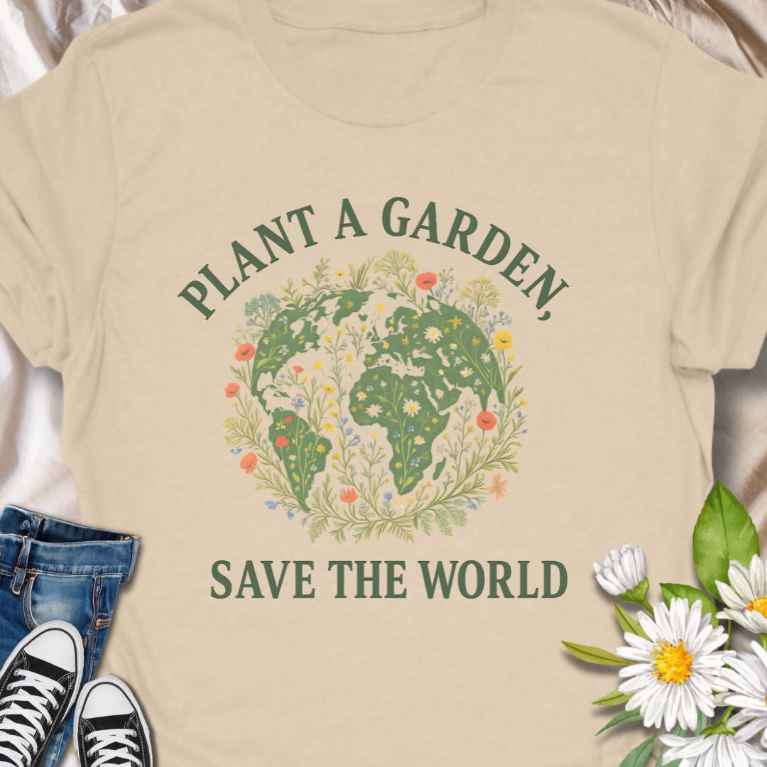 Inspire eco-conscious gardening with this "Plant a Garden, Save the World" t-shirt. Perfect for Earth Day, gardeners, and plant-based lifestyle advocates. This tee carries a gentle message: Plant a garden, save the world. The artful globe filled with leaves, flowers, and tiny pollinators sits center chest—subtle, hopeful, and easy to wear every day.