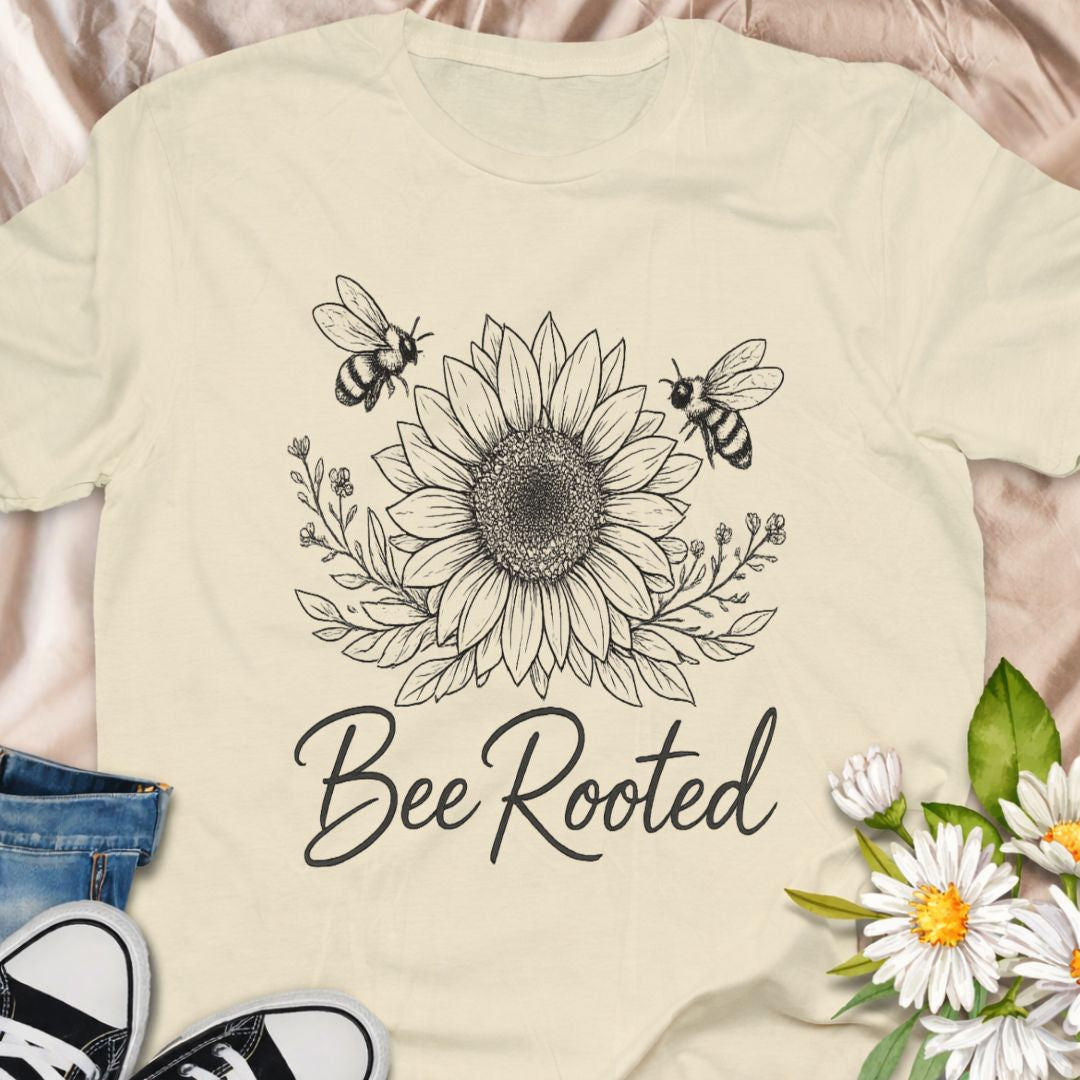 Celebrate slow living and nature connection with this Bee Rooted botanical t-shirt. Featuring a detailed sunflower illustration with bees, this nature-inspired tee is perfect for gardeners, pollinator lovers, and eco-minded souls who believe in staying grounded and growing with purpose.