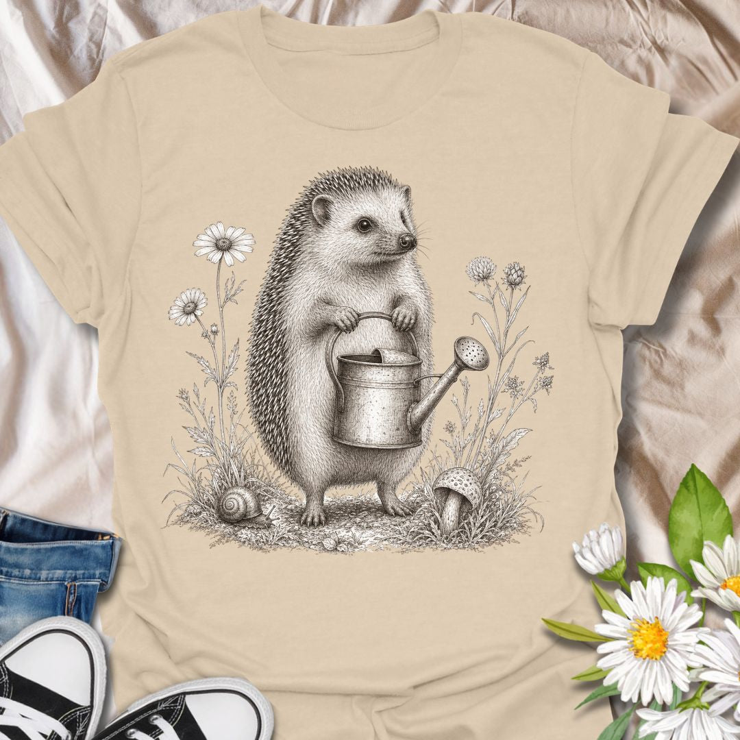 This Hedgehog Gardener t-shirt is made for gardeners, nature lovers, and woodland animal fans who enjoy soft vintage-style artwork. Featuring a sweet hedgehog holding a watering can, surrounded by wildflowers, grass, a snail, and a tiny mushroom, this design has a charming cottagecore garden feel. Perfect for gardeners, plant lovers, hedgehog fans, wildlife lovers, botanical art fans, and anyone who loves gentle nature-inspired designs.
