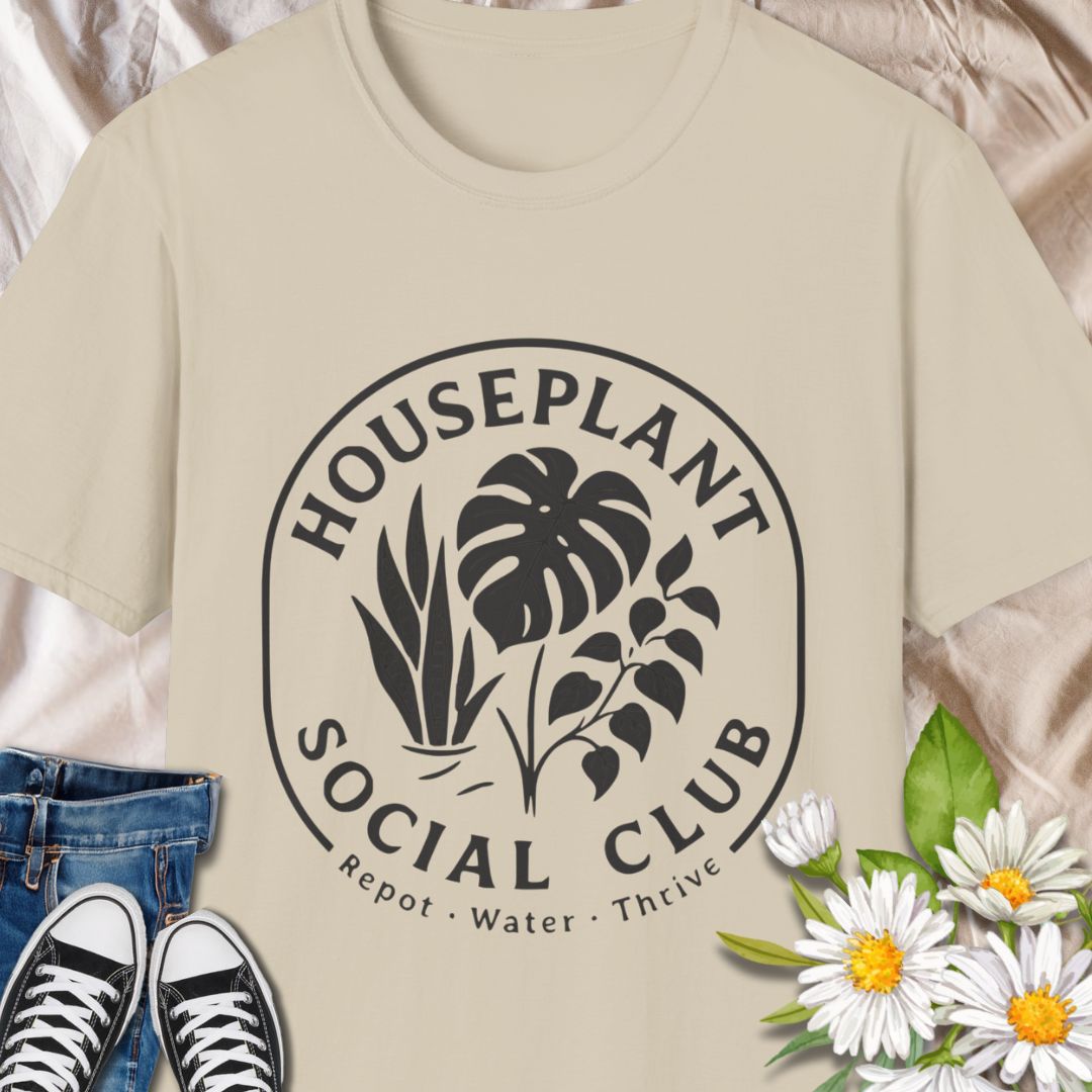 Join the green-thumb crew with this stylish “Houseplant Social Club” t-shirt featuring classic indoor plants like monstera, pothos, and snake plant. A perfect tee for plant lovers who live to repot, water, and thrive. Great gift for gardeners, plant moms, and urban jungle enthusiasts.