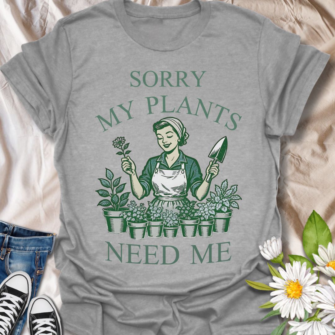 Celebrate your love for gardening with this vintage-style graphic t-shirt featuring a retro gardener surrounded by plants and the funny phrase "Sorry, My Plants Need Me." Perfect for plant parents, garden enthusiasts, and anyone proud of their green thumb.